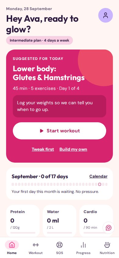 GlowzEra home screen, women's side